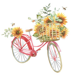 Watercolor floral red bicycle with basket, sunflower bike border, hand-painted summer flower bouquet