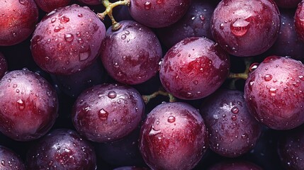 Fresh grapes with glistening water droplets, viewed from above, showcasing their ripeness.