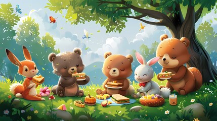 Naklejka premium Cute animal friends enjoying a picnic under a tree.