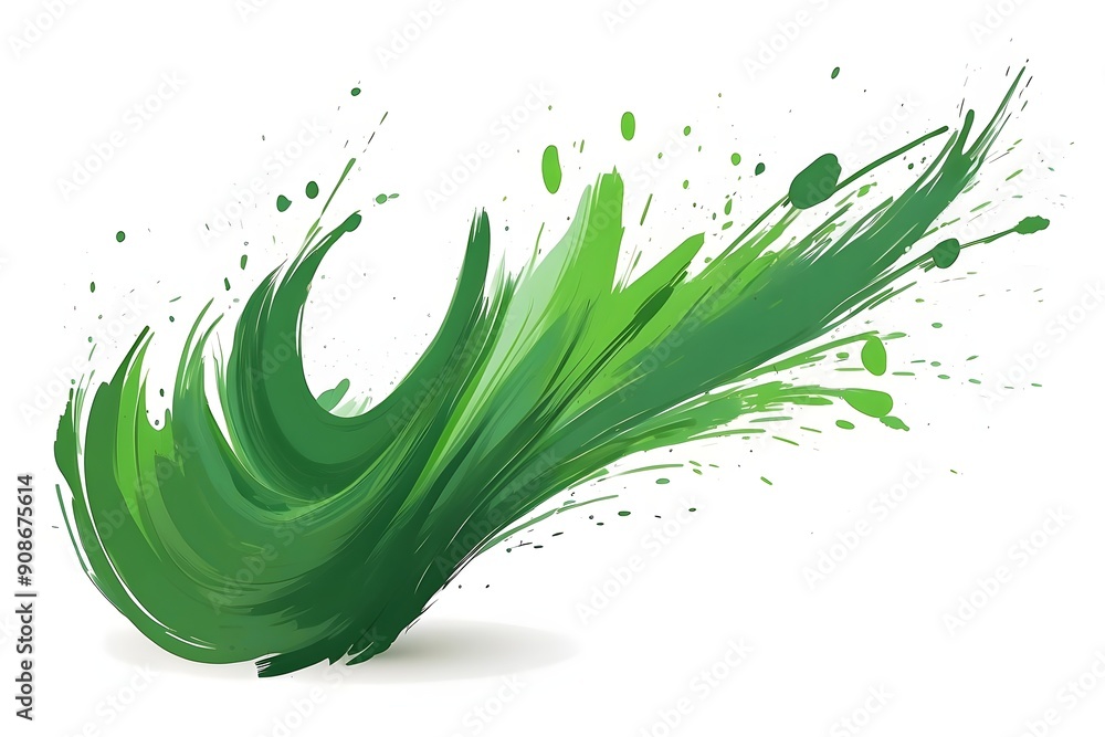 Poster green fluid abstract brush strokes with vibrant splashes on a white background, creating a dynamic a