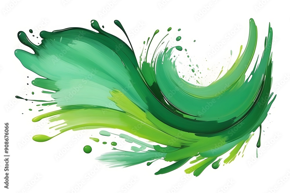 Poster fluid green abstract brush strokes with dynamic and vibrant splashes of color on a white background,