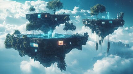 A conceptual art piece featuring streaming platforms represented as floating islands in a digital realm, surreal landscape, tech-inspired art, dreamlike setting, futuristic mood, image use