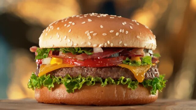 Spinning Premium Hamburger Filmed with Camera Motion.