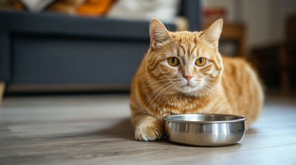 Cute ginger cat near feeding bowl at home 