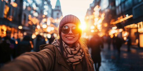 Fototapeta premium Woman Enjoying Vibrant City Street During Sunset with Bokeh Lights