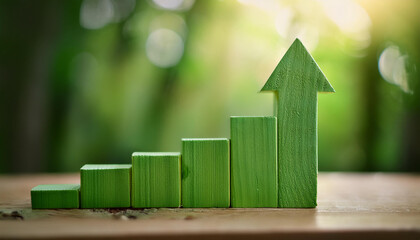 Green wooden arrow, growth of sustainable investments, green finance. Eco-friendly. Growing graph