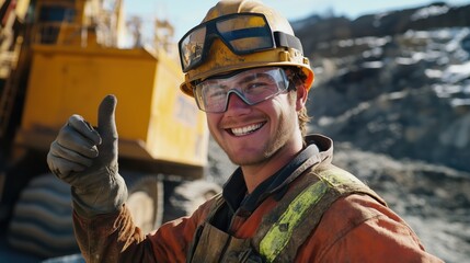 A male mining worker in a hard hat and safety vest smiling