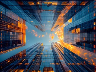 Dramatic Sunset Skyline of Towering Skyscrapers with Vibrant Reflections and Illumination