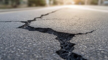 Obraz premium Long crack in an asphalt road, captured in detail to show infrastructure decay.