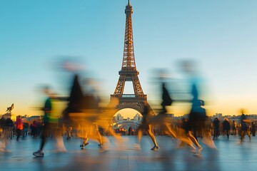 A dynamic image capturing people running in motion blur with the iconic Eiffel Tower in the background