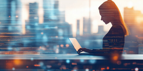 Silhouette of Businesswoman Using Laptop with Abstract Digital Data Over Cityscape Background