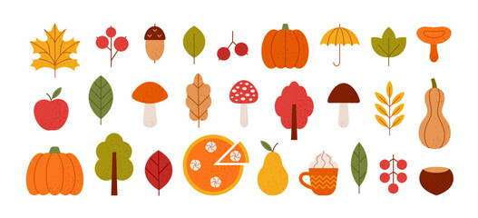 Autumn icons set. Fall elements for holiday design. Minimalist geometric style. Autumn leaves, mushrooms, maple, acorns, pie, berries, oak, pumpkins. Harvest time. Vector flat illustration.