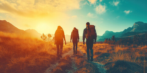 Obraz premium Hikers Walking on Scenic Mountain Trail at Sunset