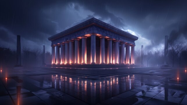 A majestic courthouse with iridescent columns and glowing steps, set in a luminous landscape