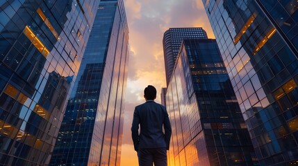 Businessman Gazing at Towering Skyscrapers at Sunset in the Financial District