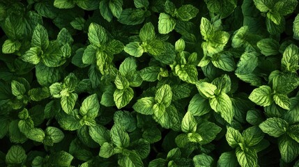 Obraz premium Overhead shot of mint leaves forming a refreshing and aromatic backdrop.