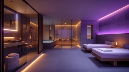 A sleek spa retreat with interactive digital wellness programs and neonlit relaxation zones promoting healthfocused travel