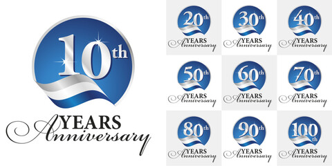 Set of Anniversary decades vector creative design circle emblems with ribbon and silver numbers blue color on white background for celebration event, invitation, greeting, web template, booklet