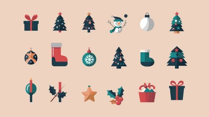 Colorful holiday icons showcase festive elements like trees, gifts, and a snowman on a gentle backdrop