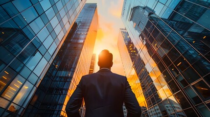 Businessman Admiring Towering Skyscrapers at Sunset in Urban Cityscape