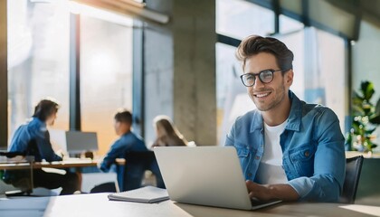 Young Man Working on Laptop in Modern Office Setting During Daytime