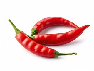 Vibrant red chili peppers with green stems are arranged on a clean white background. AI generated.
