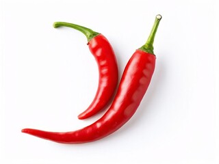 Vibrant red chili peppers with green stems are arranged on a clean white background. AI generated.
