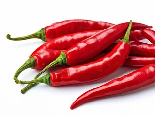 Vibrant red chili peppers with green stems are arranged on a clean white background. AI generated.

