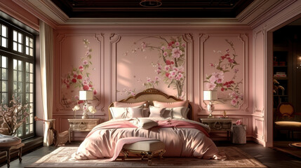 a traditional chinese light pink bedroom with gold decor, in the style of dark pink