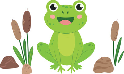 Frog sit in swamp. Wild nature animal character