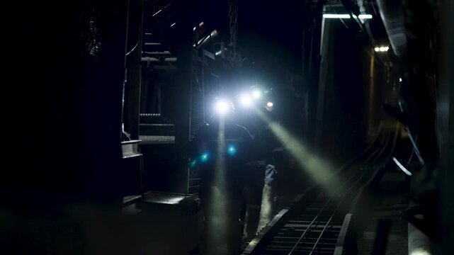 Several workers with hard hats, lights and equipment walk on rails in a mine tunnel.