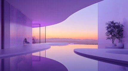 3D mirror reflecting a minimalistic landscape, random violet lighting, playful and rounded designs, soft and smooth forms, gentle light, creative and tranquil ambiance