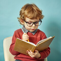 boy holding pen and reading book