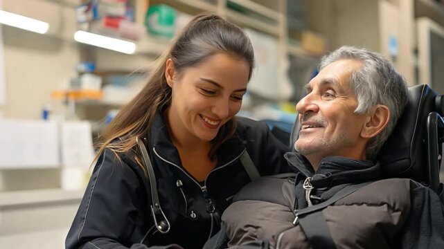 A patient with amyotrophic lateral sclerosis receiving assistance from a physiotherapist.