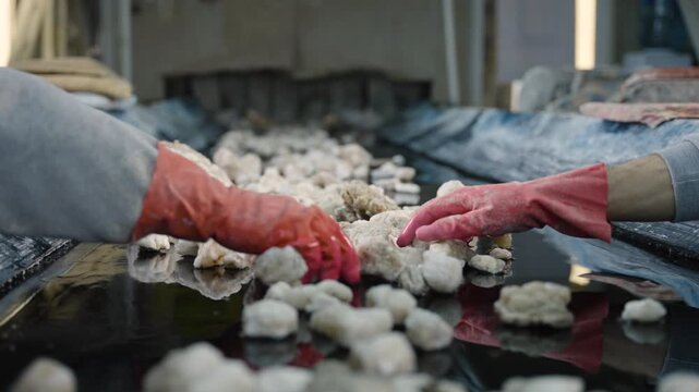 Mining industry concept. a few workers cleaning boron ore from a conveyor