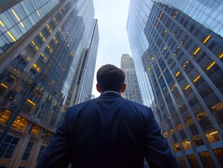Fototapeta premium Businessman Looking Up at Towering Skyscrapers in Urban Cityscape