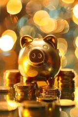 Golden Piggy Bank on Coins with Bokeh Lights