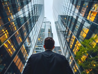 Fototapeta premium Businessman Gazes Upward at Towering Skyscrapers in Urban Cityscape
