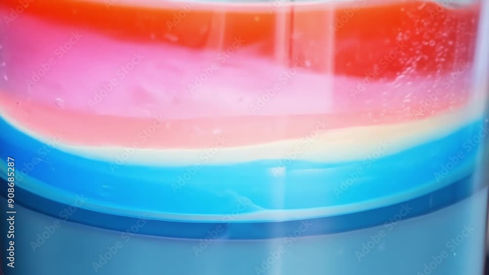 Poster closeup footage of a bright colorful liquid being separated into distinct layers as it is spun in th