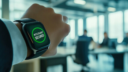 Account secured on smartwatch screen, Business security concept. Digital protection, Office environment, Safe technology usage