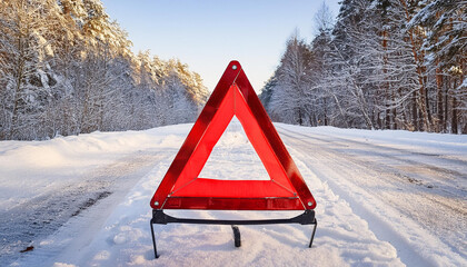 Red caution warning traffic sign on wet asphalt. Warning of accident on road. Winter season.
