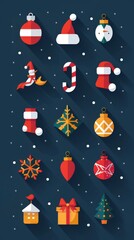A display of festive holiday decorations including ornaments, a tree, and Santa hats against a dark backdrop