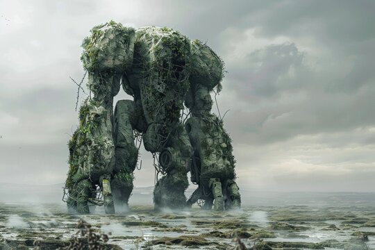 Golem of Isolation. A towering, stone golem covered in moss and vines, standing alone in a barren landscape, symbolizing the crushing weight of isolation and solitude. 