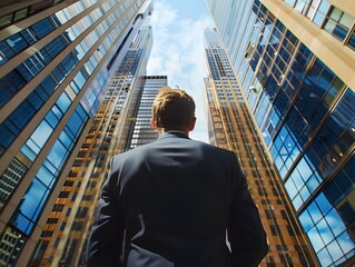 Ambitious Businessman Gazing at Towering Skyscrapers in Urban Cityscape