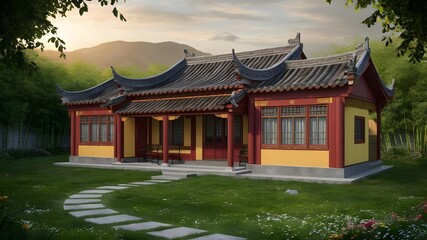 Obraz premium A Chinese house built in traditional style with a red, wooden exterior. Culture and traditions.