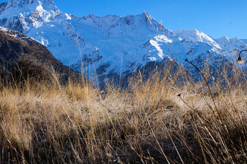 Hiking in a beautiful sunny blue sky winter day at Mount Cook national park, Otago, Canterbury, South Island New Zealand