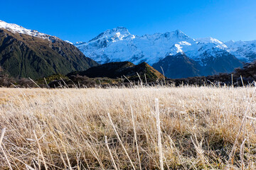 Hiking in a beautiful sunny blue sky winter day at Mount Cook national park, South Island New...