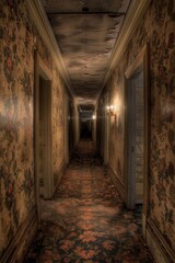 Haunted Corridor. A long, narrow corridor with peeling wallpaper, and dim lighting casting unsettling shadows. 