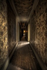 Haunted Corridor. A long, narrow corridor with peeling wallpaper, and dim lighting casting unsettling shadows. 