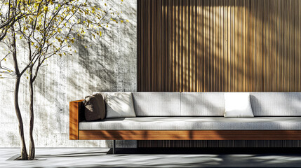 Japanese wabi-sabi interiors design composition with shadows interplay and copyspace.